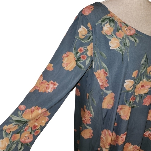 Peach Love California Dress Tunic Blue Floral Long Sleeve Large Boho Work Casual - Picture 2 of 7